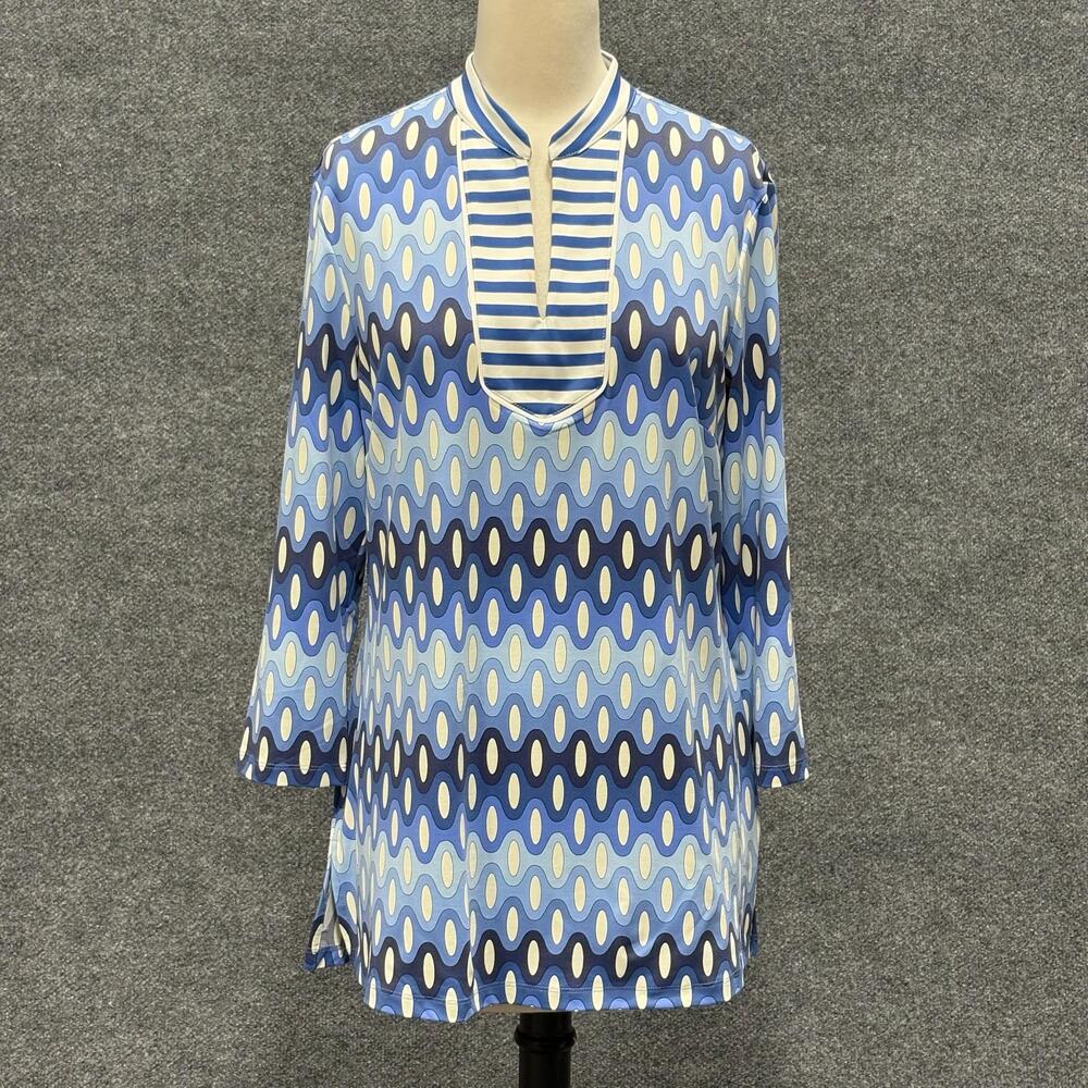 J McLaughlin Shirt Womens Medium Blue Geometric V Neck 3/4 Sleeve Tunic Top